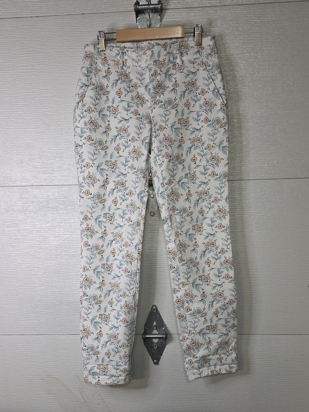 LOFT White Floral Print Chinos with Blue-Green Leaves